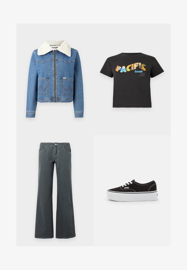Jeansjacke mit Reißverschluss vorne, in hellblauer Farbe, mit Kragen aus Kunstfell, zwei vorderen Taschen mit Zickzacknähten und Wrangler-Logodetail.; Schwarzes T-Shirt mit kurzen Ärmeln und dem Text "PACIFIC Coast", der auf der Vorderseite bunte tropische und ozeanische Muster zeigt.; Ausgestellt geschnittene graue Jeans aus Denim mit glatter Textur. Zu den Merkmalen gehören ein Knopfverschluss, Gürtelschlaufen und vordere Taschen.; Schwarze Leinensneaker mit einer weißen Gummiplattformsohle, weißen Schnürsenkeln und Nähten, ikonischer Markenaufdruck an der Seite, im Low-Top-Design.