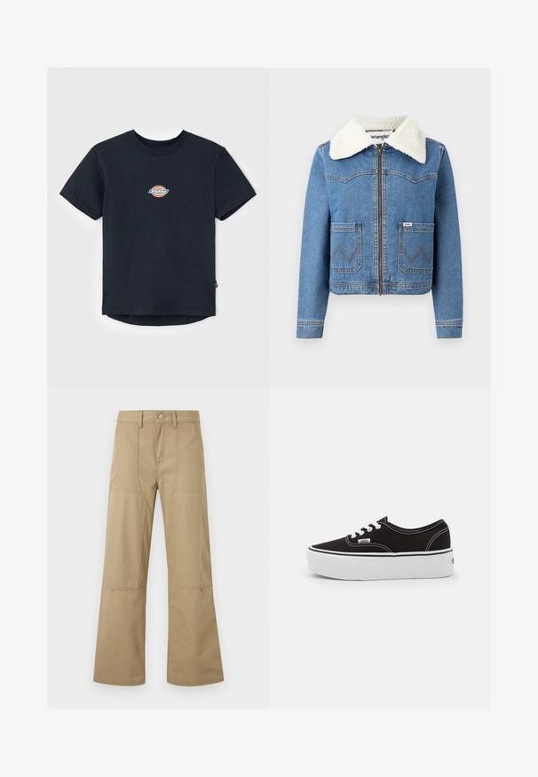 Jeansjacke mit Reißverschluss vorne, in hellblauer Farbe, mit Kragen aus Kunstfell, zwei vorderen Taschen mit Zickzacknähten und Wrangler-Logodetail.; Schwarzes Baumwoll-T-Shirt mit kurzen Ärmeln, Rundhalsausschnitt und einem kleinen, mehrfarbigen Logo auf der Brust. Gerader Saum mit einem leicht längeren Rücken.; Beige hoch taillierte Hosen mit weitem Bein, vorderen aufgesetzten Taschen, Gürtelschlaufen und Knopfverschluss. Einfacher, strapazierfähiger Stoff mit sichtbaren Nähten.; Schwarze Leinensneaker mit einer weißen Gummiplattformsohle, weißen Schnürsenkeln und Nähten, ikonischer Markenaufdruck an der Seite, im Low-Top-Design.