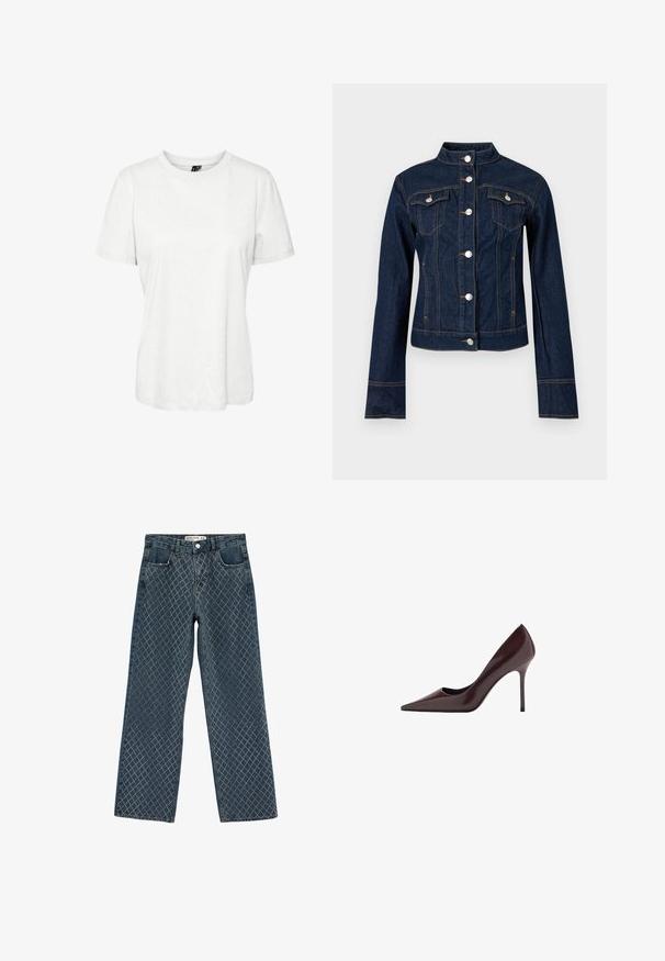 Mørkeblå denimjakke med sølvknaplukning, to brystlommer med klapper og kontrastfuld orange syning.; Hvid kortærmet t-shirt lavet af bomuld med rund halsudskæring og afslappet pasform. Glat tekstur og ingen synlige mønstre eller dekorationer.; Mørkeblå jeans med lige ben, prydet med diamantformet hvidt sømønster, forlommer, bæltestropper og lukning med metalknap.; Mørkebrun blank højhælet sko med spids snude og tynd stiletthæl, vist i sideprofil mod hvid baggrund.