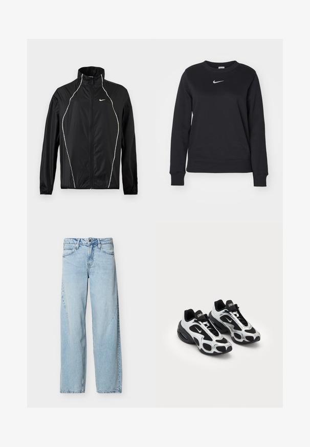 Chaqueta negra de Nike con cremallera completa, cuello alto, mangas largas y ribete reflectante blanco en la parte delantera y los hombros.; Sudadera negra de mezcla de algodón, con puños y dobladillo acanalados, escote redondo y logo plateado de Nike en el pecho.; Vaqueros de mezclilla azul claro de pierna recta con bolsillos delanteros, trabillas para cinturón y cierre de botón sobre un fondo blanco liso.; Zapatos deportivos negros y plateados con parte superior de malla y sintético, que presentan un diseño ondulante distintivo y un collar acolchado, con amortiguación de aire en la suela.