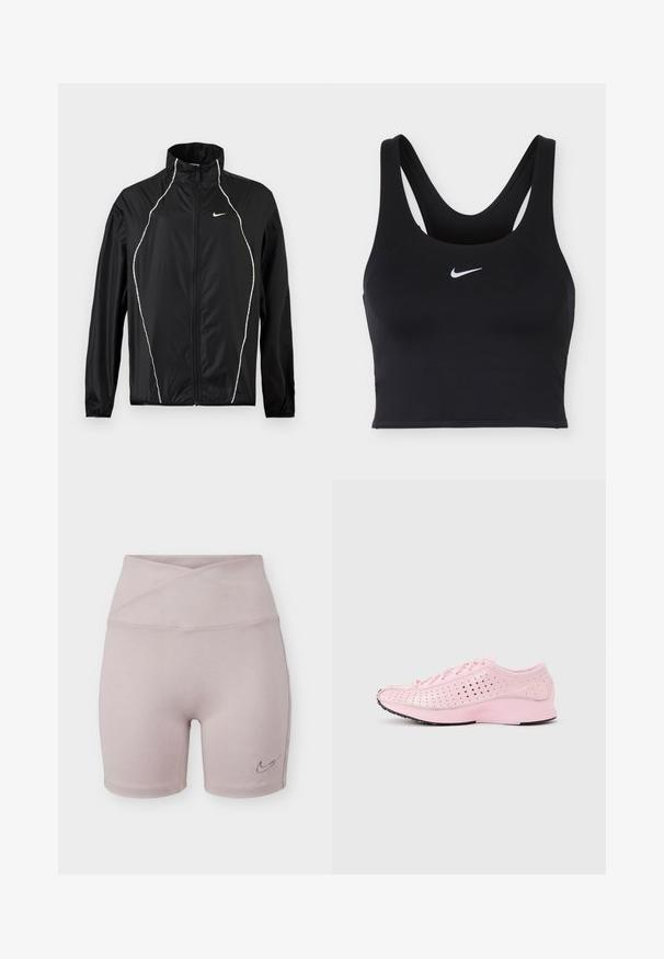 Μαύρο μπουφάν Nike με ολόκληρο φερμουάρ, ψηλό γιακά, μακριά μανίκια και λευκές ανακλαστικές λεπτομέρειες εμπρός και στους ώμους.; Μαύρο αθλητικό σουτιέν Nike με φαρδιές τιράντες και λευκό λογότυπο Nike Swoosh στο κέντρο μπροστά.; Υψηλόμεσο, ανοιχτό μοβ στενό σορτς με λεπτομέρεια σταυρωτής ζώνης και μικρό λογότυπο της Nike στο κάτω αριστερό πόδι.; Αθλητικό παπούτσι ανοιχτό ροζ με διάτρητα ανοίγματα, κορδόνια, ανυψωμένη σόλα και διακριτικό λογότυπο Nike στο πλάι, απεικονισμένο προφίλ σε λευκό φόντο.