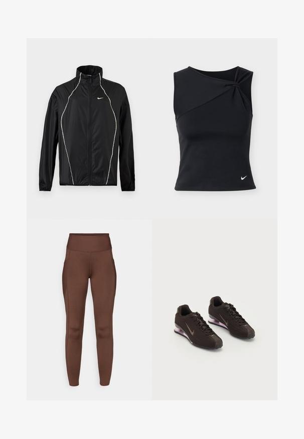 Veste Nike noire à fermeture éclair intégrale, col montant, manches longues et passepoil réfléchissant blanc sur le devant et les épaules.; Haut de sport noir sans manches avec un col asymétrique torsadé et un petit logo Nike blanc sur le côté inférieur gauche.; Leggings marron extensibles avec une taille haute, dotés de poches latérales et d'une texture lisse. Les coutures soulignent la forme.; Baskets de sport noires avec une tige texturée, des accents marron et une semelle à coussin d'air violette. Design à lacets avec une marque bien visible.