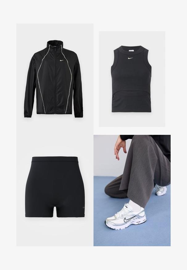 Musta Nike-takki, jossa koko vetoketju, korkea kaulus, pitkät hihat ja valkoiset heijastavat reunat edessä ja olkapäillä.; Musta hihaton lyhyt urheilutoppi, jossa on ribbineulos ja valkoinen Nike swoosh -logo rinnassa.; Mustat urheilushortsit, jotka on valmistettu sileästä, joustavasta materiaalista. Niissä on keskipitkä vyötärönauha ja pieni Nike-logo vasemmalla puolella.; Valkoiset ja hopeiset urheilukengät, joissa on verkkomainen ja synteettinen materiaali, mustilla korostusviivoilla, nauhoilla ja teksturoiduilla pohjilla.