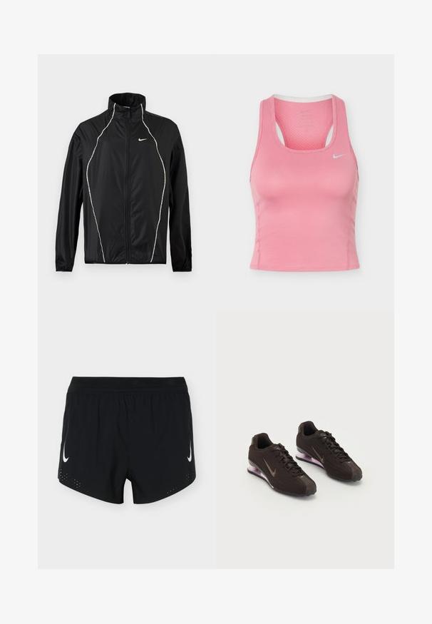 Veste Nike noire à fermeture éclair intégrale, col montant, manches longues et passepoil réfléchissant blanc sur le devant et les épaules.; Débardeur de sport sans manches Nike rose avec dos nageur et petit logo Swoosh blanc sur la poitrine, fabriqué en tissu texturé respirant.; Shorts de sport noirs avec une ceinture élastique, logos Nike swoosh blancs sur les deux jambes, et petits trous de ventilation près de l'ourlet.; Baskets de sport noires avec une tige texturée, des accents marron et une semelle à coussin d'air violette. Design à lacets avec une marque bien visible.