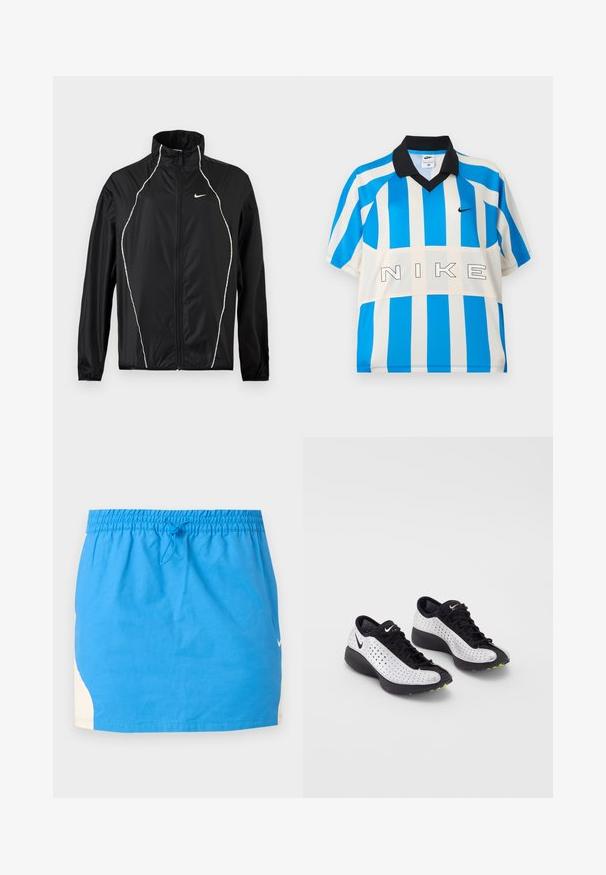 Μαύρο μπουφάν Nike με ολόκληρο φερμουάρ, ψηλό γιακά, μακριά μανίκια και λευκές ανακλαστικές λεπτομέρειες εμπρός και στους ώμους.; Αθλητική φανέλα Nike με κοντά μανίκια, κάθετες μπλε και λευκές ρίγες, μαύρο γιακά και τη λέξη «NIKE» στο στήθος.; Μπλε αθλητική φούστα με ελαστική μέση και κορδόνι, με λευκές πλευρικές λεπτομέρειες και μικρό λευκό λογότυπο Nike στη δεξιά πλευρά.; Αθλητικά παπούτσια Nike με διάτρητο λευκό επάνω μέρος, μαύρες λεπτομέρειες, στρογγυλή μύτη και χοντρή μαύρη σόλα με πράσινες πινελιές.
