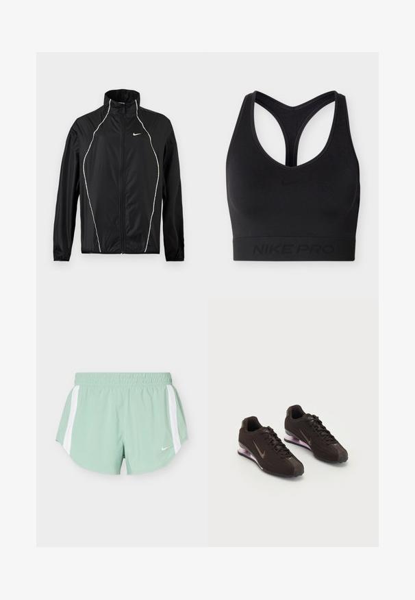 Black full-zip Nike jacket with high collar, long sleeves, and white reflective piping along the front and shoulders.; Black Nike Pro sports bra with racerback design and elastic band at the bottom featuring subtle Nike logo and branding.; Light green athletic shorts with white side stripes and an elastic waistband, featuring a small white Nike logo on the front.; Black athletic shoes with a textured upper, brown accents, and a purple air-cushioned sole. Laced design with prominent branding.