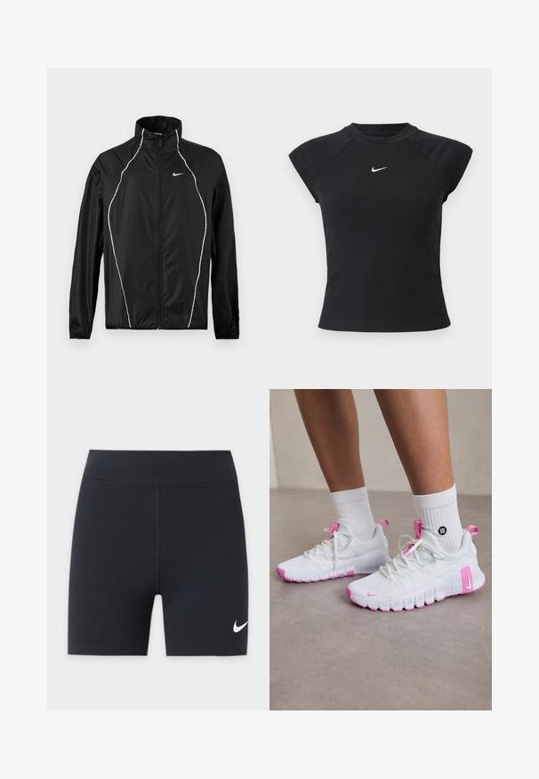 Zwarte Nike-jas met volledige ritssluiting, hoge kraag, lange mouwen en witte reflecterende biezen aan de voorkant en op de schouders.; Zwart kortermig shirt met een geribbelde textuur, voorzien van een ronde hals en een klein wit Nike-logo op de borst.; Zwarte sportshorts met een wit Nike swoosh-logo op het onderste linkerbeen, met hoge tailleband en centrale voorkantnaad.; Witte sportieve schoenen met roze accenten, gestroomlijnd ontwerp, textuur-mesh bovenwerk en een flexibele rubberen zool. Voorzien van logo en trekhaak.