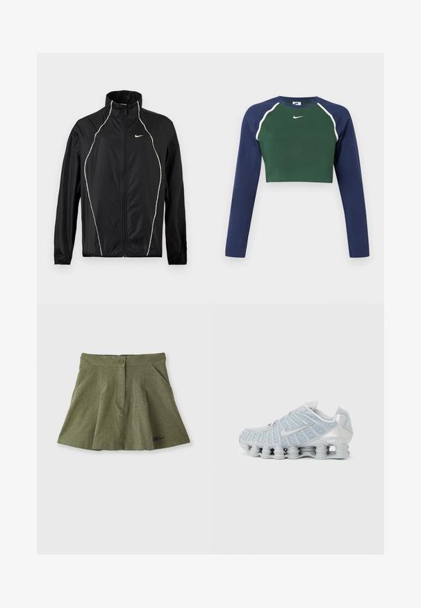 Sort Nike jakke med hel lynlås, høj krave, lange ærmer og hvide reflekterende piping langs fronten og skuldrene.; Langærmet cropped sweatshirt med mørkegrøn front, marineblå ærmer, hvid piping og hvid Nike swoosh logo på brystet.; Nike Sportswear X NAOMI OSAKA SKIRT - Mini skirts - medium olive/blackened blue; Lysegrå atletiksko med segmenteret stødabsorberende sål og mesh-overdel, med en swoosh-logo på siden.