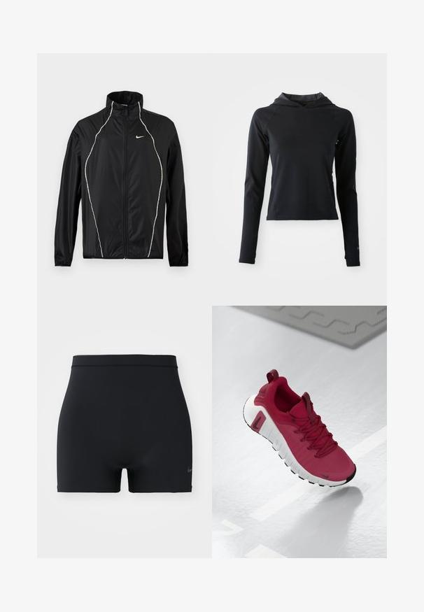 Zwarte Nike-jas met volledige ritssluiting, hoge kraag, lange mouwen en witte reflecterende biezen aan de voorkant en op de schouders.; Zwarte lange mouw hoodie gemaakt van glad, rekbaar materiaal. Heeft raglanmouwen en een getailleerd ontwerp, met subtiele logodetails.; Zwarte sportshorts gemaakt van glad, elastisch materiaal, met een middelhoge tailleband en een klein Nike-logo aan de linkerkant.; Rode sportieve schoen met een gestructureerde bovenlaag, veters en een dikke witte zool. Heeft een contrasterende zwarte neuskap en een logo aan de zijkant.
