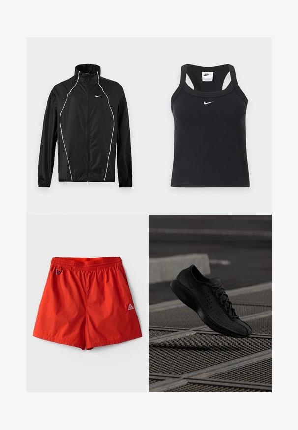 Must Nike jakiga must täis tõmblukuga jakk, kõrge krae, pika varrukaga ja valge helkuri ääristusega ees ja õlgadel.; Mustast Nike'lt ribadega racerback lõikega topp valge Nike swoosh logoga, mis asub kaeluse all keskel.; Erkpunased spordipüksid elastse vöökohaga, küljetaskud, vasakul väike karabiinhaak ja paremal jalal ACG logo.; Musthave mustus sneaker, millede ülemise osa ja ümar varvas. Omab lamedaid paelu ja pehmet tallat, mis tagavad mugavuse.