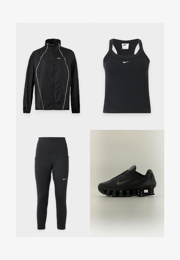 Μαύρο μπουφάν Nike με ολόκληρο φερμουάρ, ψηλό γιακά, μακριά μανίκια και λευκές ανακλαστικές λεπτομέρειες εμπρός και στους ώμους.; Μαύρο ριμπ crop top Nike με racerback και λευκό λογότυπο Nike swoosh κεντραρισμένο κάτω από το λαιμόκοψη.; Μαύρα κολάν Nike με ψηλή μέση, πλαϊνές τσέπες και μικρό λευκό λογότυπο Nike στο δεξί μηρό.; Μαύρο αθλητικό παπούτσι Nike με φερμουάρ στο πάνω μέρος και χαρακτηριστική σόλα με τμηματικές ελαστικές άνοιξη, παρουσιάζεται σε πλάγια όψη πάνω σε ουδέτερο φόντο.