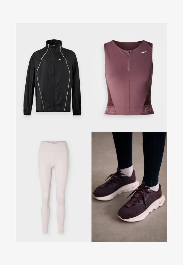 Zwarte Nike-jas met volledige ritssluiting, hoge kraag, lange mouwen en witte reflecterende biezen aan de voorkant en op de schouders.; Nike Pro mouwloos topje in donker bordeauxrood met een ritssluiting aan de voorkant, gestructureerde zijpanelen en een logo op de borst. Gladde stof, atletische pasvorm.; Lichtbeige naadloze leggings met hoge taille en een overslagceintuur detail, plat liggend afgebeeld tegen een witte achtergrond.; Bordeauxrode sportschoenen met een gewoven bovenwerk, witte zool en zwart Nike-logo. Voorzien van ronde veters en patroonvormige veterlussen.