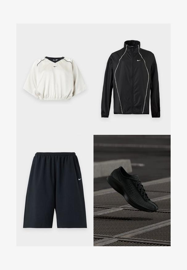 Μαύρο μπουφάν Nike με ολόκληρο φερμουάρ, ψηλό γιακά, μακριά μανίκια και λευκές ανακλαστικές λεπτομέρειες εμπρός και στους ώμους.; Λευκό κοντό αθλητικό τοπ με μαύρο περίγραμμα στο λαιμό σε σχήμα V, ελαστική μέση, κοντά φαρδιά μανίκια και μικρό μαύρο λογότυπο Nike στο μπροστινό κέντρο.; Μαύρο αθλητικό σορτς Nike με ελαστική μέση και μικρό λευκό λογότυπο Swoosh στο δεξί μηρό, απεικονίζεται σε απλό φόντο.; Μαύρο αθλητικό παπούτσι με διάτρητο επάνω μέρος, στρογγυλή μύτη και μινιμαλιστικό σχέδιο. Διαθέτει επίπεδα κορδόνια και ανθεκτική σόλα για άνεση.