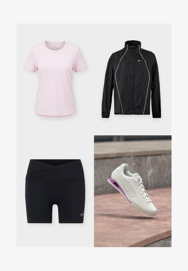 Μαύρο μπουφάν Nike με ολόκληρο φερμουάρ, ψηλό γιακά, μακριά μανίκια και λευκές ανακλαστικές λεπτομέρειες εμπρός και στους ώμους.; Ανοιχτό ροζ κοντομάνικη μπλούζα Nike Dri-FIT με στρογγυλή λαιμόκοψη και μικρό λευκό λογότυπο Nike Swoosh στο κέντρο του στήθους.; Μαύρα αθλητικά σορτσάκια με ζώνη μέσης σε σχήμα σταυρού και μικρό λευκό λογότυπο Nike swoosh στο αριστερό πόδι, σε απλό φόντο.; Λευκό αθλητικό παπούτσι με υφασμάτινο επάνω μέρος, ροζ λεπτομέρειες και ορατή μοβ μονάδα απορρόφησης κραδασμών στη σόλα. Οι κορδόνια είναι λευκά και το λογότυπο γκρι.