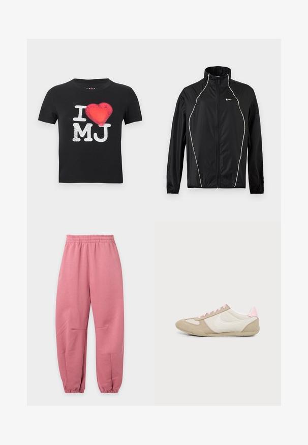 Veste Nike noire à fermeture éclair intégrale, col montant, manches longues et passepoil réfléchissant blanc sur le devant et les épaules.; T-shirt noir à manches courtes avec le texte blanc "I MJ" et un graphique de cœur rouge remplaçant le mot "love" au centre.; Pantalon de jogging rose avec ceinture et chevilles élastiques, coupe décontractée, présenté sur fond blanc uni.; Baskets profil bas beige et blanc avec des accents et lacets roses, avec un grand logo swoosh blanc sur le côté.