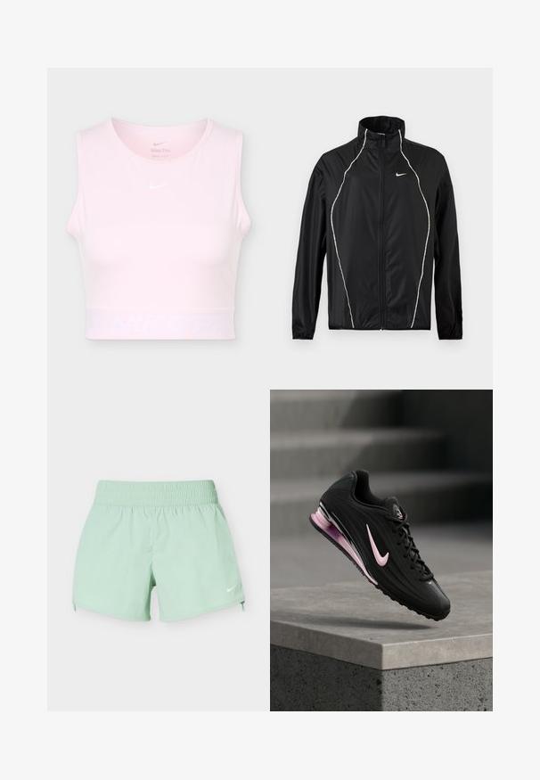 Μαύρο μπουφάν Nike με ολόκληρο φερμουάρ, ψηλό γιακά, μακριά μανίκια και λευκές ανακλαστικές λεπτομέρειες εμπρός και στους ώμους.; Απαλό ροζ αμάνικο cropped αθλητικό τοπ με στρογγυλή λαιμόκοψη και λογότυπο Nike Swoosh σε λευκό στο στήθος και στη ζώνη.; Ανοιχτοπράσινα αθλητικά σορτς με ελαστική μέση και μικρό λευκό σήμα Nike στο κάτω δεξί πόδι σε λευκό φόντο.; Αθλητικό παπούτσι τρεξίματος σε μαύρο και ροζ χρώμα με ορατή αερόσολα, αιωρούμενο πάνω από μία τσιμεντένια ράμπα μπροστά σε θολό φόντο γκρι σκαλοπατιών.