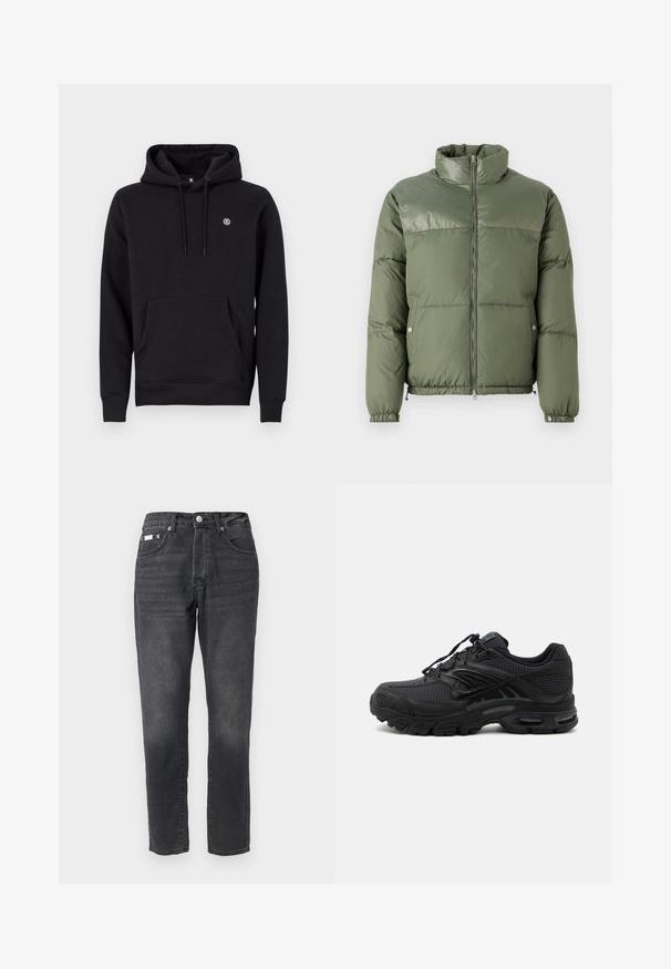 Replay WINTER PUFFER - Winterjacke - army green; Schwarzer Kapuzenpullover aus Baumwollgemisch. Verfügt über eine große Kängurutasche auf der Vorderseite, gerippte Bündchen und ein kleines Logo auf der Brust.; Schwarze Denim-Jeans mit geradem Bein, fünf Taschen und subtiler Auswaschung. Abgeschlossen mit einem Knopf- und Reißverschluss.; Schwarzer athletischer Sneaker mit strukturiertem Stoff, dicker gepolsterter Sohle, Luftauslässen und Schnürverschluss, von der Seite auf hellem Hintergrund gezeigt.