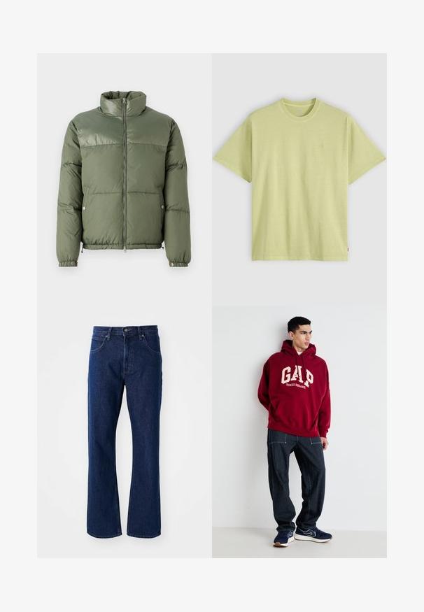 Replay WINTER PUFFER - Winterjacke - army green; Hellgrünes T-Shirt mit kurzen Ärmeln und Rundhalsausschnitt, mit kleinem geprägtem Logo auf der linken Brust und einem roten Etikett an der Seitennaht.; Dunkelblaue gerade geschnittene Jeans mit Knopf- und Reißverschluss, Gürtelschlaufen und Fronttaschen vor einem schlichten Hintergrund.; Bordeauxfarbener Kapuzenpullover mit "GAP" und "TIMES SQUARE" in Creme aufgedruckt, kombiniert mit navyblauen gestreiften Hosen und navyblauen Sneakern mit weißen Akzenten.