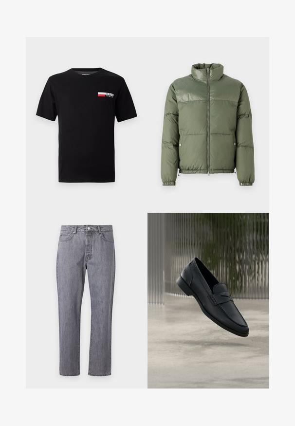 Replay WINTER PUFFER - Talvitakki - army green; Mustalla puuvillapaidalla on pieni logodesign ja suorakaiteen muotoinen värilohko punaisena ja valkoisena vasemmassa rinnassa.; Harmaan farkut suoranlahkeisella muotoilulla, viisi taskua, nappisulku ja hillitty kulutustekstuuri kankaassa.; Musta nahkainen loafer, jossa on tasainen pinta, terävä kärki ja ommeltuja yksityiskohtia päällisosassa. Matala korko ja minimalistinen muotoilu.