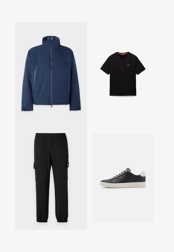 Marineblå jakke med høj krave, frontlynlås og to lynlåslommer på brystet. Fremstillet af et glat, holdbart stof med en afslappet pasform.; Sort T-shirt med korte ærmer og rund hals, med lille rundt logo på venstre bryst og orange kant inde i kraven.; Sorte sweatpants med elastisk talje, indsnævrede manchetter og sidelommer. Fremstillet af blødt materiale med en glat tekstur.; Sorte læder sneakers med hvide snørebånd og gummisål. Har en blå, rød og grøn stribet detalje ved hælen. Indeholdt syede detaljer.
