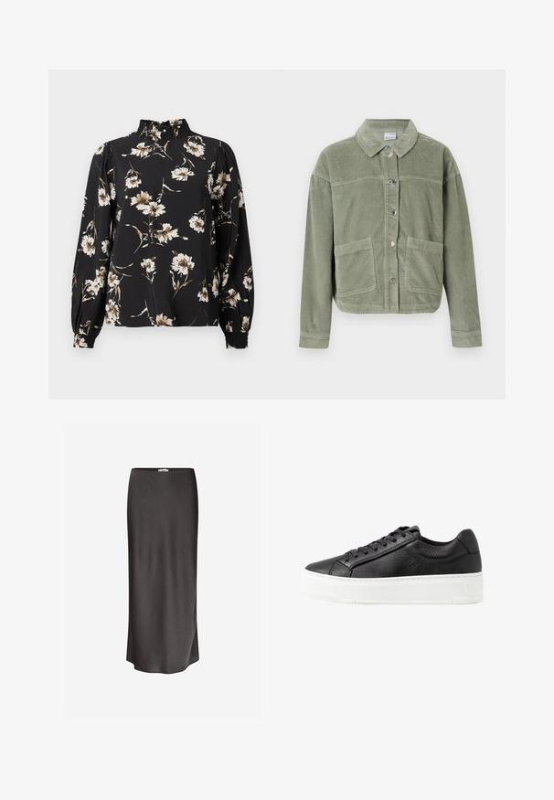 Chaqueta de pana verde claro con mangas largas, cierre de botones, dos grandes bolsillos frontales y un cuello clásico sobre un fondo liso.; Blusa negra de manga larga con un cuello alto y fruncido, con un estampado floral en blanco y beige, fabricada con un tejido texturizado y con puños ajustados.; Falda midi gris oscuro hecha de una tela suave y ligera; presenta una silueta recta y sutiles aberturas laterales en el dobladillo.; Zapatilla de cuero negro con superficie texturizada, suela de goma blanca, puntera redonda y diseño con cordones. Presenta detalles de costura y lengüeta lisa.