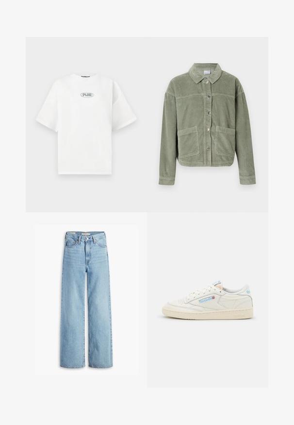 Lichtgroene corduroy jas met lange mouwen, knopenfront, twee grote voorzakken en een klassieke kraag op een effen achtergrond.; Witte T-shirt met korte mouwen van katoen, met een grafisch logo in het groen binnen een ovale vorm in het midden van de borst.; Lichtblauwe, hoge taille, wijde jeans met een voorste knoop en ritssluiting, riemlussen en vijf zakken.; Reebok sneakers in off-white leer met lichtblauwe accenten. Beschikt over een geperforeerde neus, platte veters en een getextureerde rubberen zool.