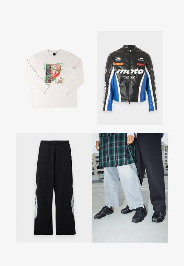 Veste de moto en cuir noir et bleu avec des rayures blanches, une fermeture éclair frontale et plusieurs logos de style course, dont "moto" et "Bareen."; T-shirt à manches longues blanc avec un imprimé graphique aux accents rouges et verts, un design abstrait et un fond noir motif.; Pantalon de survêtement noir avec taille élastique, poches latérales et un grand motif graphique blanc sur la jambe extérieure. Matière en coton, coupe ample.; Baskets de sport noires avec des accents en mesh et en caoutchouc. Portées avec un jean large gris clair et un haut à carreaux vert. Fond à surface plane.