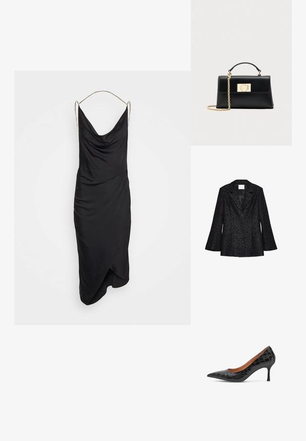 Zwarte blazer met florale textuur, notch-lapels, lange, uitlopende mouwen en een gladde binnenvoering. Heeft een getailleerde pasvorm en een gestructureerde vorm.; Et Ochs ILA CHAIN COWL NECK MIDI DRESS - Cocktailjurk - black; Woden Klassieke pumps - black; Zwarte leren handtas met een gestructureerde vorm, voorzien van een bovenhandgreep en een kettingriem met goudkleurige schakels. Decoratieve gouden hardware met logodetail.