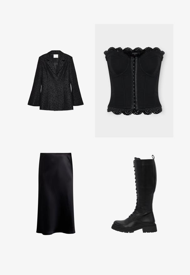 Blazer noir avec une texture florale, revers cranté, manches longues évasées et une doublure intérieure lisse. Présente une coupe ajustée et une forme structurée.; Corset noir sans bretelles avec fermeture à crochets à l'avant, bonnets moulés et bordure en dentelle festonnée en haut et en bas.; Jupe midi en satin noir avec une texture lisse, silhouette en A et une légère brillance. Elle présente une taille élastique et un design longueur totale.; Des bottes hautes en cuir noir présentent un avant lacé, une semelle robuste avec des rainures et un large tige pour un port confortable.