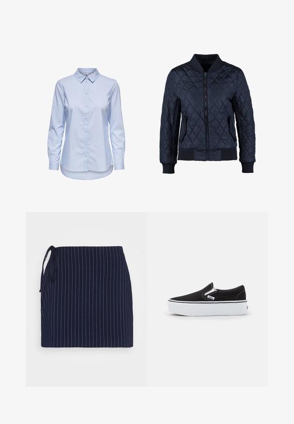 Veste bomber matelassée bleue marine avec fermeture éclair à l'avant, poignets et ourlet côtelés, deux poches latérales et un motif en losanges sur le tissu.; Chemise bleu à rayures, à col, à manches longues et à ourlet arrondi. Le tissu semble lisse et léger. Fermeture par boutons sur le devant.; Even&Odd by Zalando Minijupe - dark blue; Chaussure slip-on noire en toile avec une semelle en caoutchouc blanc, dotée d'accents élastiques sur les côtés et de coutures contrastées. Logo de la marque visible sur le côté.
