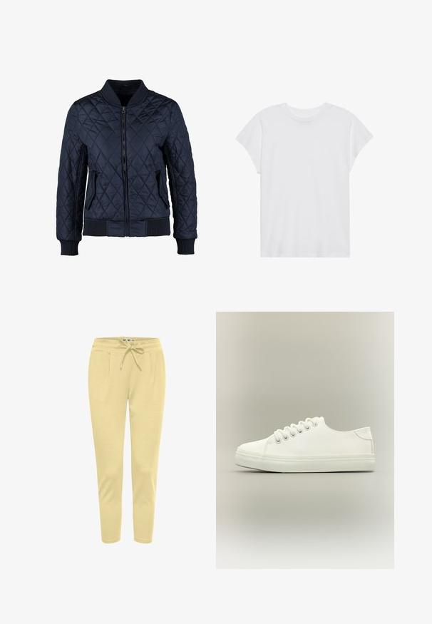 Veste bomber matelassée bleue marine avec fermeture éclair à l'avant, poignets et ourlet côtelés, deux poches latérales et un motif en losanges sur le tissu.; T-shirt blanc à manches courtes, col rond, coupe décontractée, en tissu de coton doux. Texture lisse, sans motifs ni logos.; Pantalons de jogging jaune clair en tissu doux, avec une taille élastique munie d'un cordon de serrage et des poches latérales.; Baskets basses blanches avec lacets blancs et semelle en caoutchouc, vues de côté sur un fond neutre.