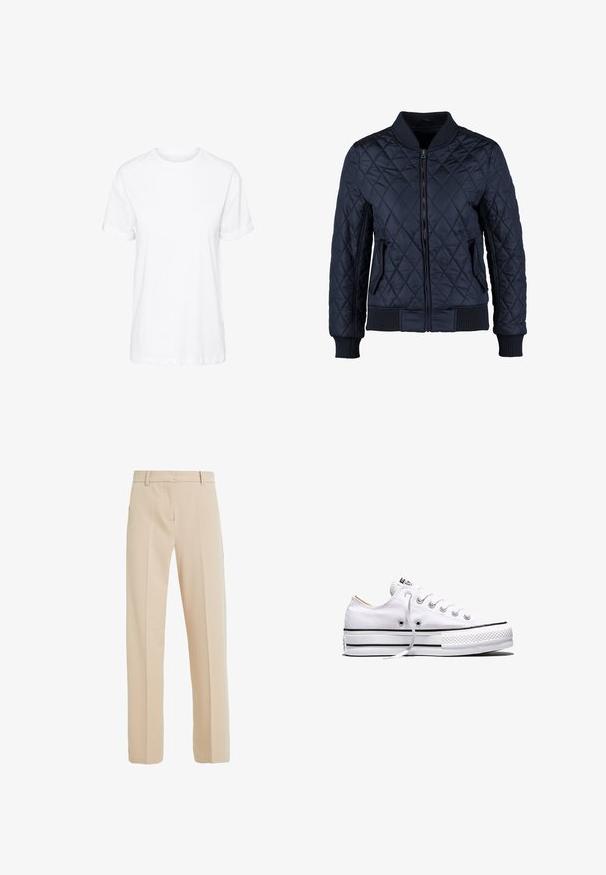 Veste bomber matelassée bleue marine avec fermeture éclair à l'avant, poignets et ourlet côtelés, deux poches latérales et un motif en losanges sur le tissu.; T-shirt en coton blanc avec des manches courtes, un col rond et une coupe décontractée, offrant une texture lisse et sans motifs visibles.; Pantalons beige ajustés en tissu lisse, avec une coupe droite, des poches latérales et des détails de pli à l'avant.; Baskets basses en toile blanche avec lacets blancs, bandes noires sur la semelle et embout en caoutchouc texturé, vue de côté sur fond blanc.