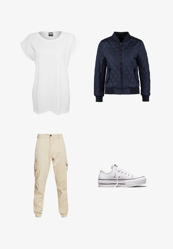 Veste bomber matelassée bleue marine avec fermeture éclair à l'avant, poignets et ourlet côtelés, deux poches latérales et un motif en losanges sur le tissu.; T-shirt blanc à manches courtes en coton, présentant une coupe décontractée, un large décolleté et un design minimaliste sans motifs ni accents.; Pantalons cargo beiges avec une coupe classique, dotés de deux poches latérales, de poignets élastiques et d'un tissu en coton doux à la texture lisse.; Baskets basses en toile blanche avec lacets blancs, semelle en caoutchouc, détails à rayures noires, et écusson logo sur la languette et le talon.