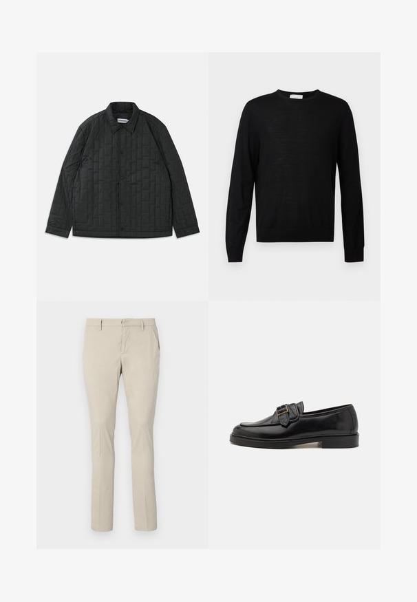 Veste matelassée noire avec fermeture à boutons, col évasé, manches longues et motif texturé. Matériau léger au design moderne.; Pull noir à manches longues en tissu doux, avec un col rond, des poignets côtelés et un ourlet droit. Design minimaliste, sans motifs.; Chinos beige avec une coupe droite, dotés de poches latérales et d'une texture de tissu lisse. Aucuns motifs visibles ni détails métalliques.; Mocassins en cuir noir avec un bout arrondi et une boucle décorative. Talon plat, solide et texture lisse sur l'ensemble.