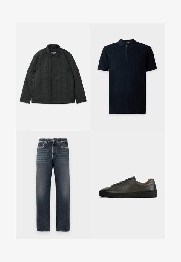 Veste matelassée noire avec fermeture à boutons, col évasé, manches longues et motif texturé. Matériau léger au design moderne.; Polo noir à manches courtes avec un col zippé et un logo discret sur le côté gauche de la poitrine.; Jean en denim bleu foncé avec une coupe décontractée, présentant une légère décoloration, une jambe droite et un design classique à cinq poches.; Basket basse en cuir gris foncé avec lacets et semelle noirs, design minimaliste, profil latéral sur un fond clair uni.