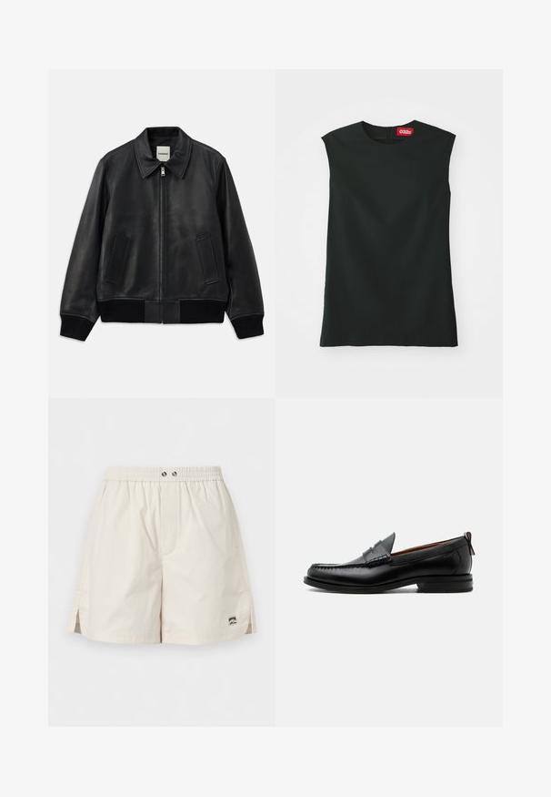 Veste en cuir noir de type bomber avec un col, fermeture éclair à l'avant et deux poches latérales. Comprend des poignets et un ourlet côtelés pour un look ajusté.; Un haut sans manches noir avec un col rond, en tissu lisse, et une fermeture éclair au dos. Il présente une petite étiquette rouge avec le logo "032c" au niveau du cou.; Shorts beige à taille élastique avec fentes latérales, deux boutons métalliques et une petite étiquette de marque rectangulaire sur l'ourlet inférieur droit.; Mocassin homme en cuir noir avec couture moc toe, bride penny, col texturé et petit talon empilé sur fond blanc.