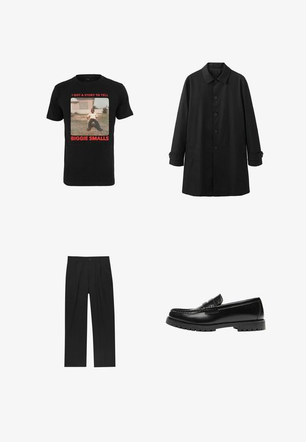 Sort langærmet herrefrakke med knaplukning, spids krave, sidelommer og knapper ved manchetterne, vist på hvid baggrund.; Sort bomulds T-shirt med et vintage billede og rød tekst, der står "I GOT A STORY TO TELL BIGGIE SMALLS" under billedet.; Sorte bukser med lige ben, lavet af et glat stof. Har frontfolder og en enkelt knaplukning i taljen.; Sort læderloafer med en kraftig gummisål og klassiske penny-strap detaljer, vist fra ydersiden.