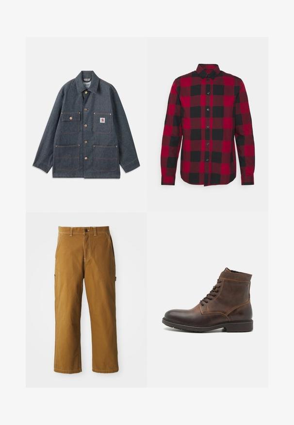 Denimjakke i mørkeblå med afslappet pasform, udstyret med kobberknapper og fire forlommer. Kontrastsyninger hele vejen rundt.; Pier One by Zalando Skjorter - red; Brune bomuldsbukser med lige pasform, forstærkede sømme og sidelommer. Har en knaplukning og bæltestropper i taljen.; Jack & Jones JFWDELANEY BOOT - Snørestøvletter - Brown