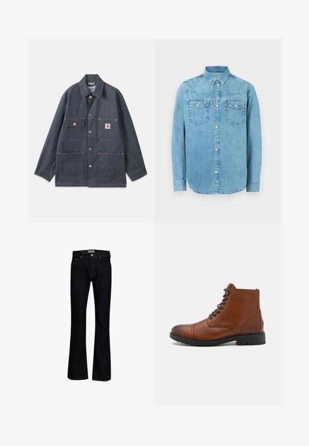 Spijkerjack in donkerblauw met een losse pasvorm, voorzien van koperen knopen en vier voorzakken. Contrasterende stiksels over het gehele kledingstuk.; Lichtblauwe denim overhemd met een button-down kraag, twee borstzakken en zilveren knoopaccenten. Heeft lange mouwen en een ronde zoom.; Donkerblauwe flare jeans van denim met een gladde textuur. Beschikt over vijf zakken, messing hardware en contrasterende stiksels.; Bruin leren enkelboot met een ronde neus, vetersluiting aan de voorkant en een gestructureerde hak. Stevige zwarte rubberen zool met antislipprofiel.