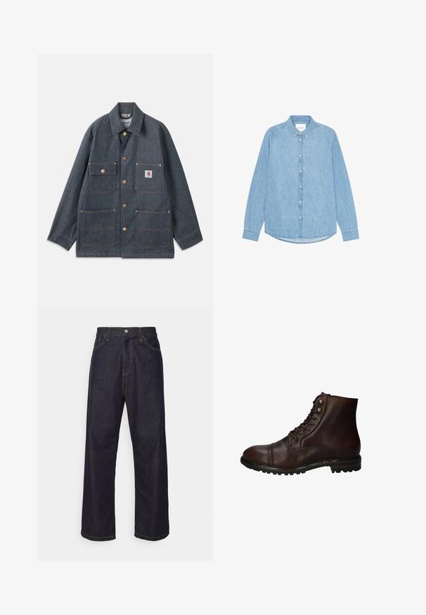 Denimjakke i mørkeblå med afslappet pasform, udstyret med kobberknapper og fire forlommer. Kontrastsyninger hele vejen rundt.; Lyseblå denimskjorte med knapper, lange ærmer, spidst krave og afrundet kant. Har knaplukning foran og lille logodetalje.; Mørkeblå lige ben denim jeans med gul syning, frontknap, lynlås og fem-lommer design.; Mørkebrun læder snørebånd ankelstøvle med robuste gummisål og metaløjer, set fra den ydre side.