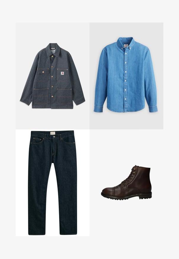 Spijkerjack in donkerblauw met een losse pasvorm, voorzien van koperen knopen en vier voorzakken. Contrasterende stiksels over het gehele kledingstuk.; Lichtblauw denim overhemd met lange mouwen, button-down kraag en witte knopen. Heeft een klein geborduurd logo op de borst.; Donkerblauwe denim jeans met een recht model, vijf zakken en contrasterende stiksels op de naden. Gladde stofstructuur.; Donkergrote leren veterschoenen tot de enkels met een robuuste rubberen zool en metalen veters, gezien vanuit de buitenzijde.