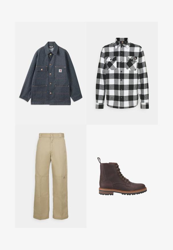 Veste en jean bleu foncé à coupe décontractée, dotée de boutons en cuivre et de quatre poches frontales. Coutures contrastées sur toute la surface.; Chemise en flanelle noir et blanc avec un motif à carreaux, présentant deux poches poitrine, un devant boutonné et un col. Tissu doux et texturé.; Pantalons larges beiges en tissu résistant, dotés d'une taille haute, de coutures visibles et d'un petit logo sur le côté.; Bottes chevilles en cuir marron à lacets avec une finition texturée, semelles beiges contrastantes et œillets métalliques. Comprend une languette pour un enfilage facile.