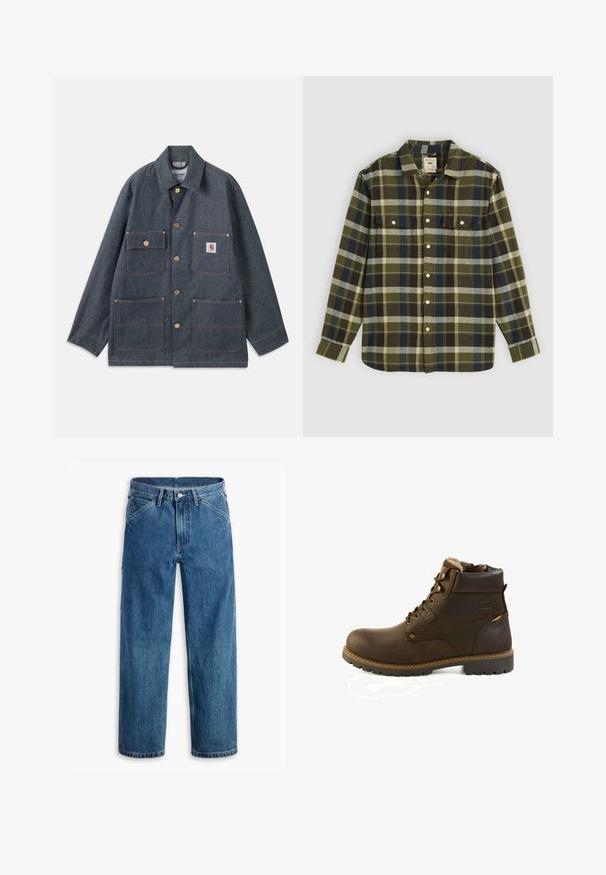 Denimjakke i mørkeblå med afslappet pasform, udstyret med kobberknapper og fire forlommer. Kontrastsyninger hele vejen rundt.; Grønternet flannel skjorte med lange ærmer, med to brystlommer og hvide knapper. Materialet har en blød tekstur og et afslappet design.; Blå denim jeans med lige ben, forlommer, bæltestropper, metal knap og lynlås foran på hvid baggrund.; Brun læder ankelstøvle med snørelukning, polstret krave, fleecefor og robust sål med mønster, designet til udendørs brug eller vintervejr.