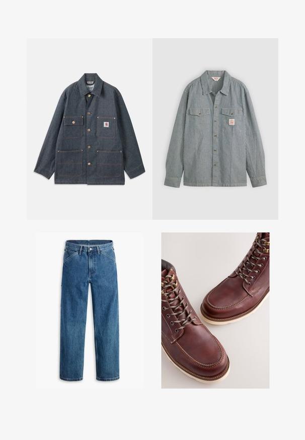 Jeansjacke in Dunkelblau mit lässiger Passform, ausgestattet mit Kupferknöpfen und vier Fronttaschen. Kontrastnähte durchgehend.; Gestreifte Hemd in Blau und Weiß, mit Kragen, zwei Brusttaschen und einem kleinen Etikett. Hergestellt aus leichtem Stoff.; Blaue Jeans mit geradem Bein, Vordertaschen, Gürtelschlaufen, Metallknopf und Reißverschluss auf weißem Hintergrund.; Braune Lederstiefel mit einer glatten Oberfläche, ausgestattet mit Metallösen, grauen Schnürsenkeln und einer cremefarbenen Gummisohle. Nahtdetail entlang der Kanten.