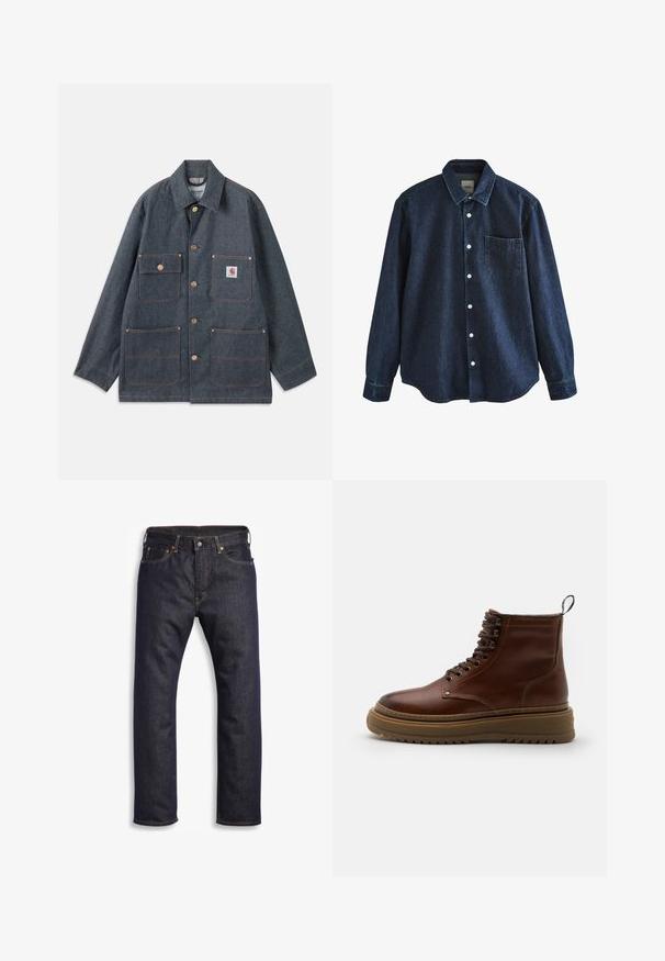 Jeansjacke in Dunkelblau mit lässiger Passform, ausgestattet mit Kupferknöpfen und vier Fronttaschen. Kontrastnähte durchgehend.; Dunkelblaues Jeans-Langarmhemd mit Knopfleiste, Kragen und einer einzelnen Brusttasche, dargestellt vor weißem Hintergrund.; Dunkelblaue Jeans aus Denim mit geradem Schnitt, Fünf-Taschen-Design, metallischen Komponenten und kontrastierenden orangen Nähten. Glatte Textur, keine sichtbaren Muster.; Braune Leder-Stiefelette mit runder Zehenpartie, Schnürung an der Vorderseite, gepolstertem Kragen und dicker Gummisohle mit geriffeltem Muster.