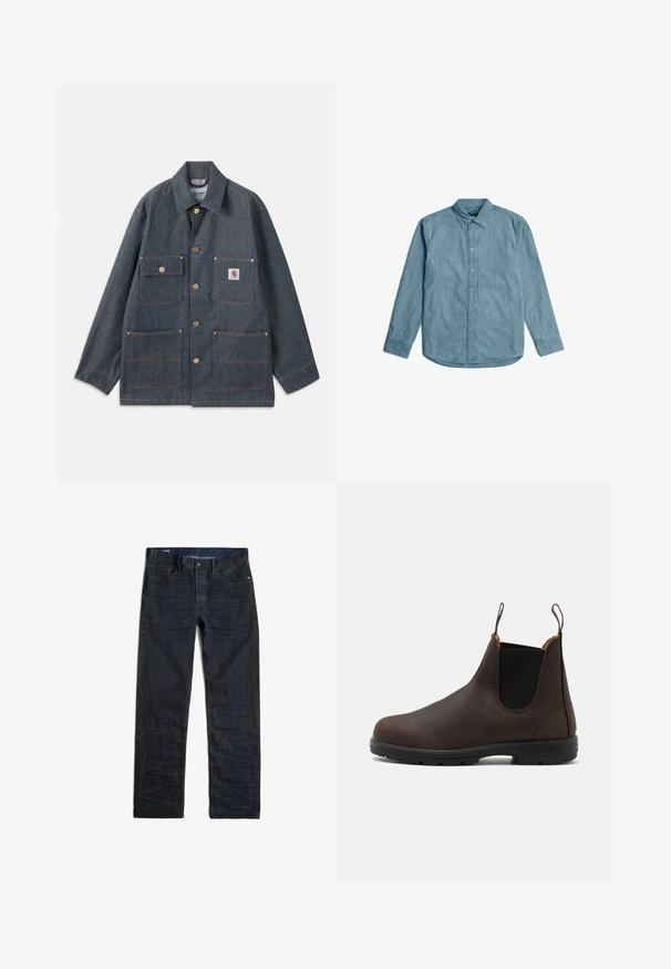 Veste en jean bleu foncé à coupe décontractée, dotée de boutons en cuivre et de quatre poches frontales. Coutures contrastées sur toute la surface.; Chemise en denim bleu clair avec un col boutonné, des manches longues et un ourlet arrondi. Présente une texture subtile et une patte de boutonnage standard.; Jean en denim bleu foncé, coupe droite, avec poches avant et fermeture par bouton, présenté à plat sur fond blanc.; Bottines en cuir brun avec des panneaux élastiques sur les côtés et des boucles, présentant une surface texturée et une semelle en caoutchouc noir durable.