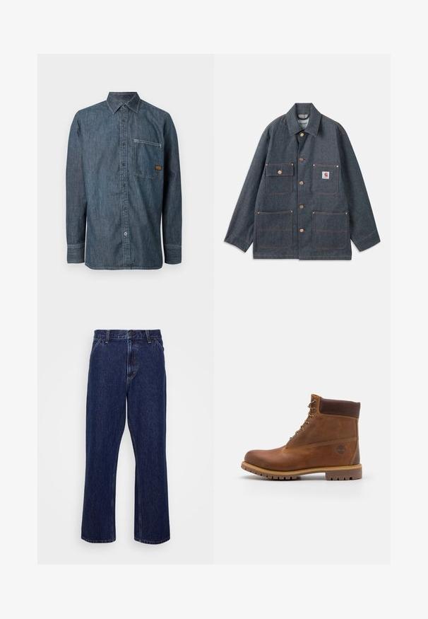 Veste en jean bleu foncé à coupe décontractée, dotée de boutons en cuivre et de quatre poches frontales. Coutures contrastées sur toute la surface.; Chemise en denim bleu foncé à manches longues, fermeture par boutons, et une poche poitrine. Présente une petite étiquette de marque sur la poche.; Jeans en denim bleu foncé avec une coupe droite, dotés d'une fermeture à bouton, d'un style à cinq poches et de détails de couture subtils.; Botte de randonnée en cuir marron avec une finition lisse, cheville rembourrée, œillets en métal et semelle en caoutchouc dotée d'un motif de crampons robuste.