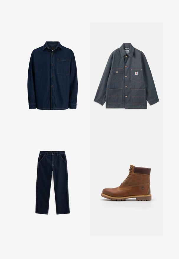 Denimjakke i mørkeblå med afslappet pasform, udstyret med kobberknapper og fire forlommer. Kontrastsyninger hele vejen rundt.; Mørk denim skjorte med lange ærmer, spids krave og brystlomme. Har brune knapper og gule syninger som detaljer.; Mørkeblå denimjeans med lige ben, der har fem lommer og kontrasterende hvid syning langs sømme og lommer.; Brun læder vandrestøvle med en glat finish, polstret ankel, metalliske snørehuller og en gummisål med et robust dækmønster.