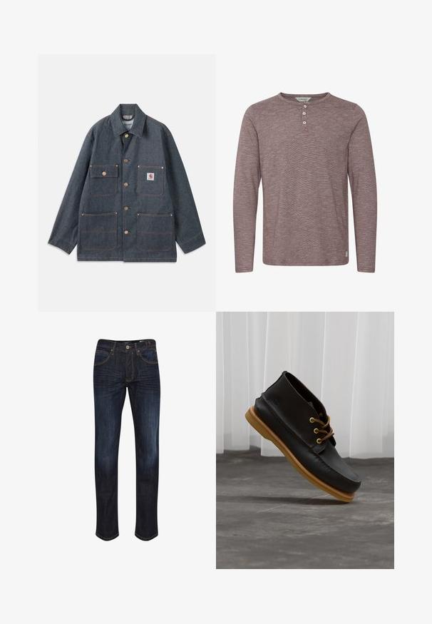 Spijkerjack in donkerblauw met een losse pasvorm, voorzien van koperen knopen en vier voorzakken. Contrasterende stiksels over het gehele kledingstuk.; Lange mouw, henley-stijl shirt van een zachte, gestructureerde stof in een gedempt mauve kleur. Bevat drie knopen bij de halslijn en minimale stiksels.; Donkerblauwe spijkerbroeken met een recht model, vijf zakken, gouden stiksels en een gladde textuur. JButtonsluiting in de taille.; Zwarte leren schoenen met een gladde afwerking, ronde neus, bruine veters en lichtbruine rubberen zolen. Logo gegraveerd aan de zijkant.
