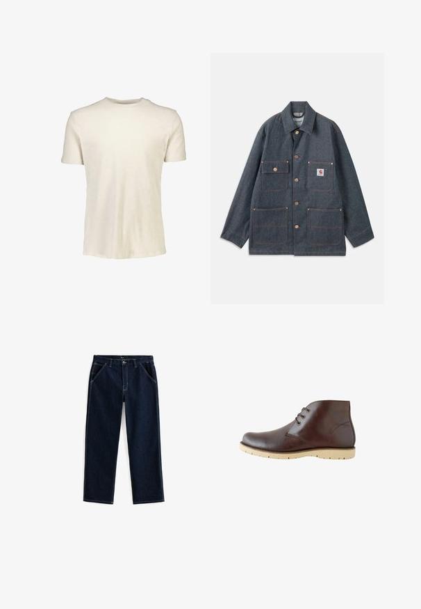 Denimjakke i mørkeblå med afslappet pasform, udstyret med kobberknapper og fire forlommer. Kontrastsyninger hele vejen rundt.; Kortærmet T-shirt i lyse beige, lavet af blødt bomuld. Har en rund halsudskæring og en glat tekstur uden mønstre eller grafik.; Mørkeblå denimjeans med lige ben, der har fem lommer og kontrasterende hvid syning langs sømme og lommer.; Brune læder ankelstøvler med en glat finish, der har to snøreringe, en rund tå og lette gummisåler med skridsikre riller.
